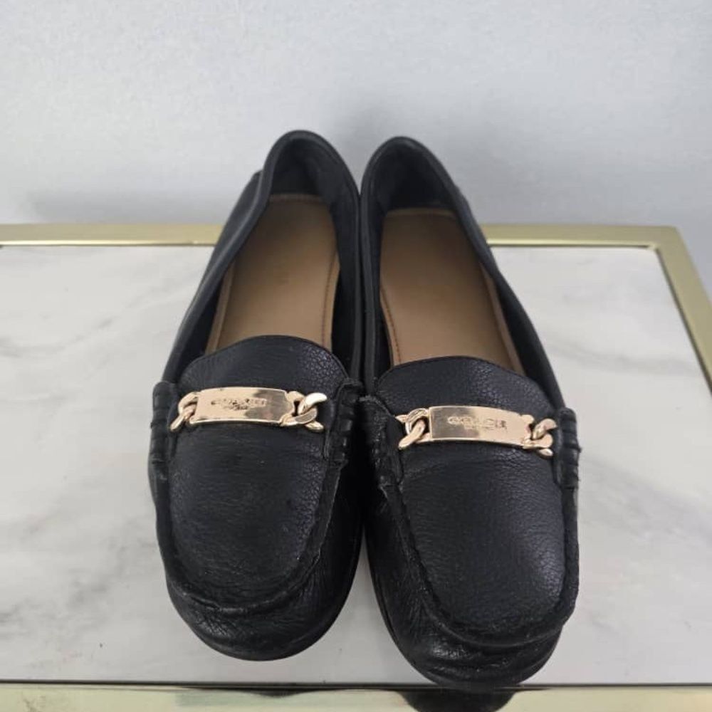 COACH Black Leather Gold Buckle Loafers Size 36.
